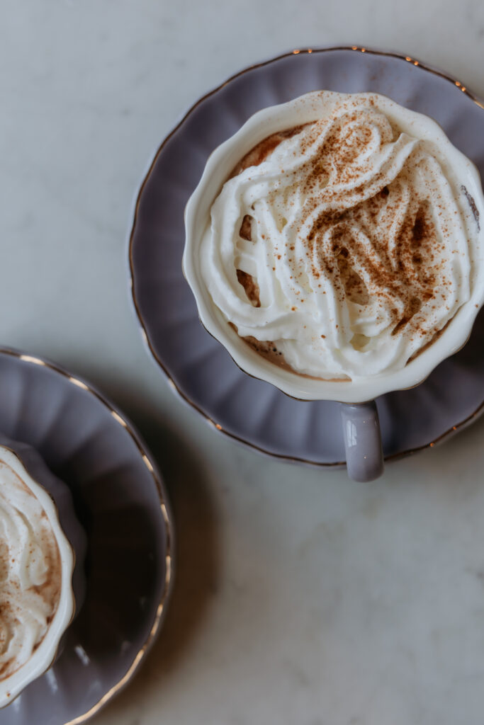 Hot chocolate is dusted with cinnamon.