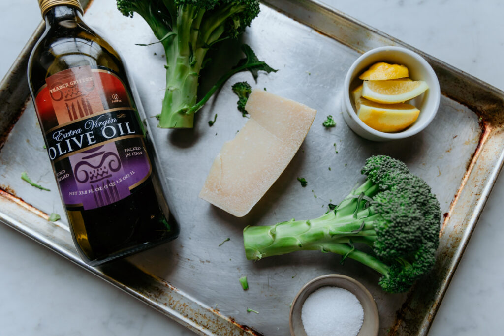 Flat lay of slow roasted broccoli ingredients.