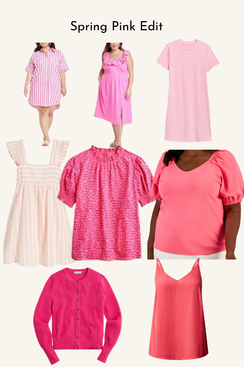 A collage of pink tops and dresses for spring.