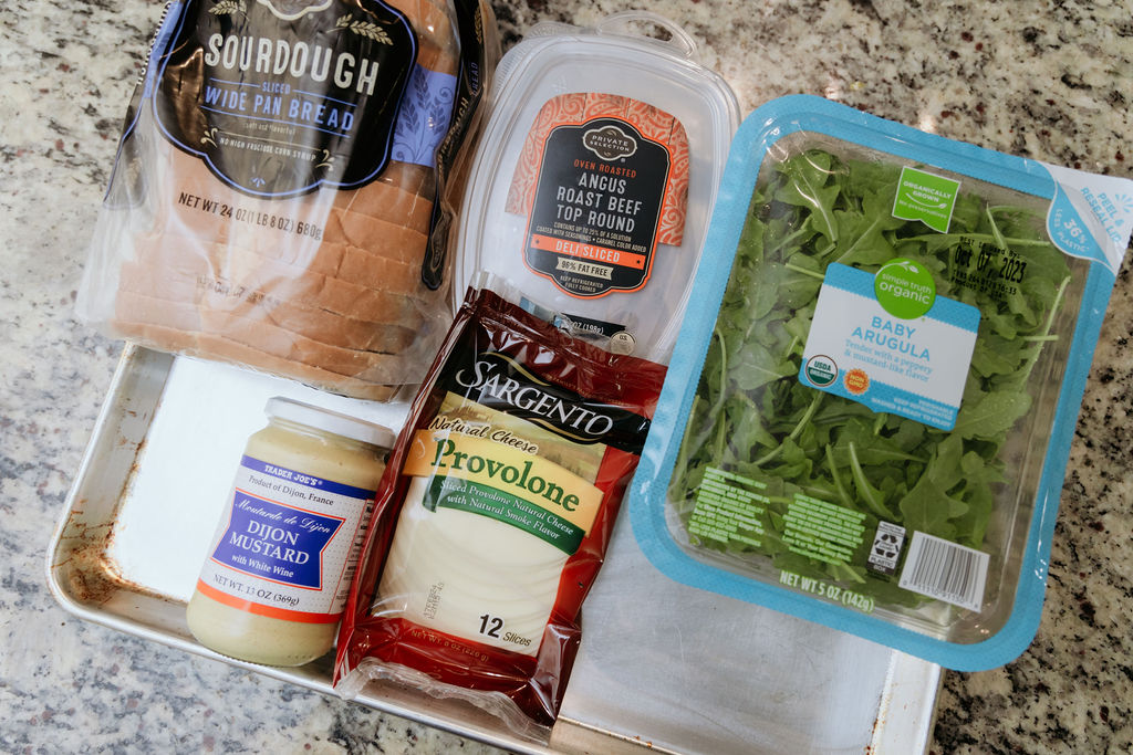 Ingredients for Roast beef, provolone, and arugula panini.