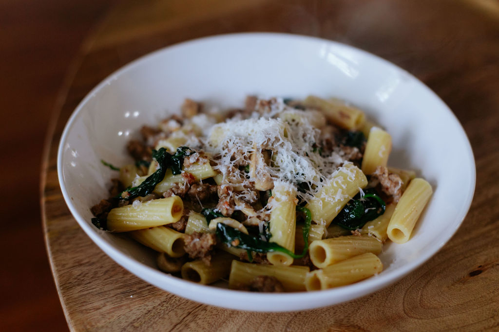 Flat Lay of Spinach Sausage and Mushroom Pasta