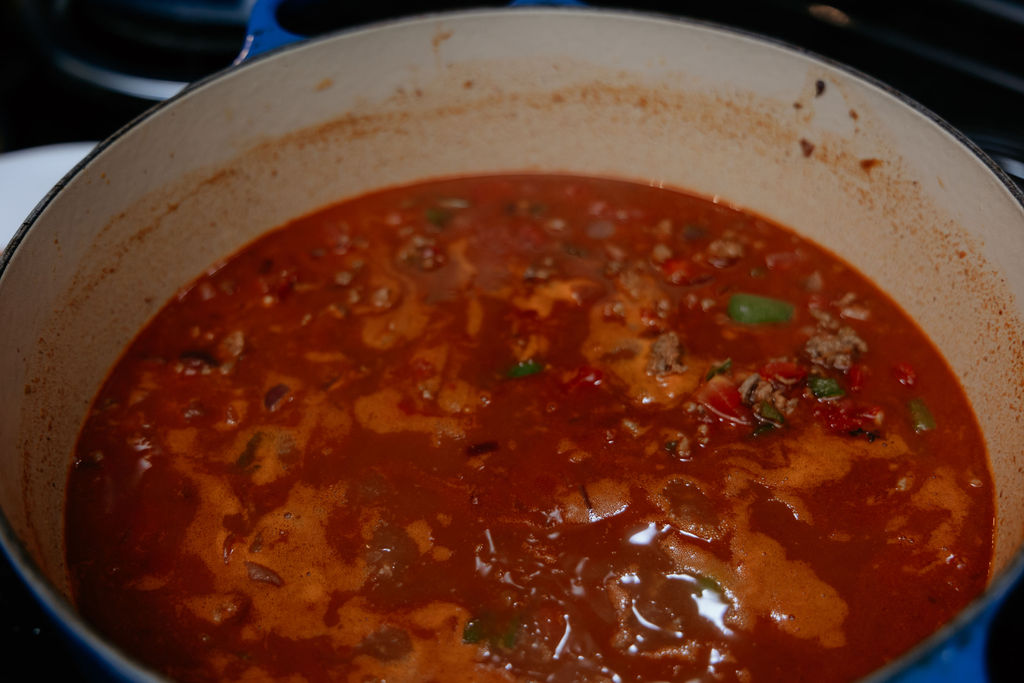 Chili simmering on the stove.